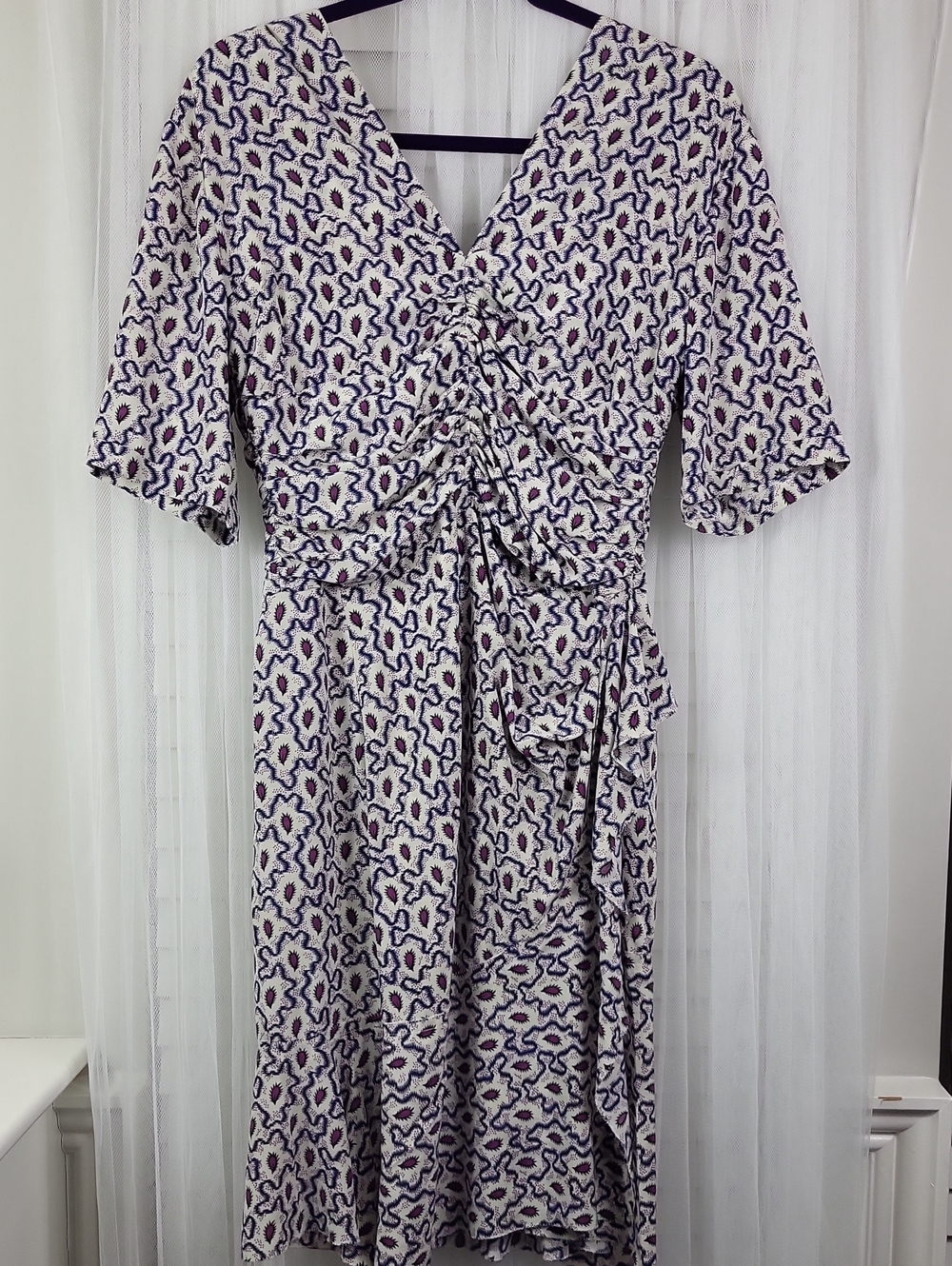 Isabel Marant 100% silk White and Purple Ruched V-Neck Dress. Size 40 = 8 US